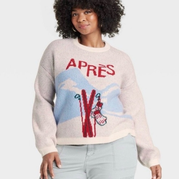 🌼A NEW DAY🌼 Red and White Apres Ski Knit Sweater, Size XL - Picture 1 of 10